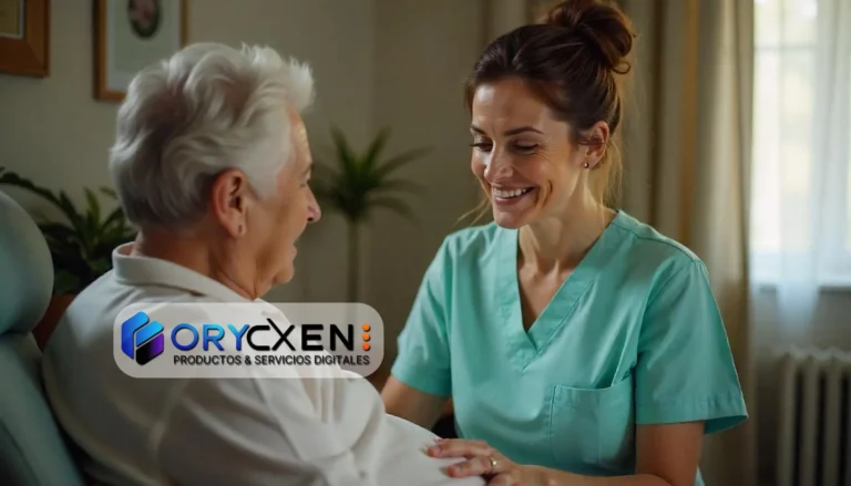 Imagen de una mujer mayo sentada en un sillón, hablando con otra mujer de unos 30 años, muy sonriente, vestida de enfermera.