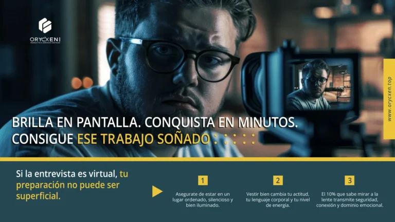 Imagen de la cabecera de la página web, donde está un joven con cada de asustado frente a una cámara preparando una videoentrevista.